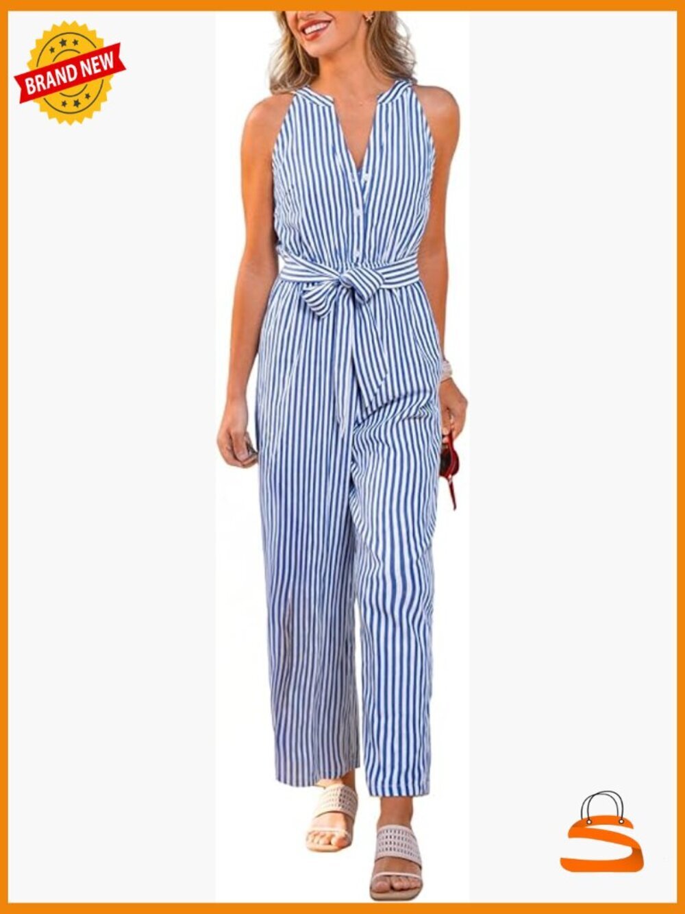 Striped V-Neck Sleeveless Wide Leg Jumpsuit Summer Vacation Outfit